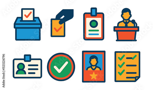 Flat vector icons of voting and elections: ballot box icon, voting hand slip, polling station badge, election candidate podium, voter ID card, majority vote symbol, campaign poster, results tally