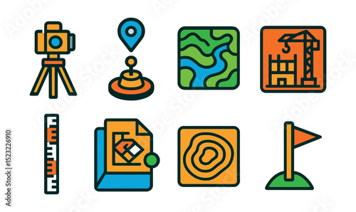 Flat vector icons of site planning and surveying: theodolite on tripod, GPS survey marker, topographic map chart, construction site layout, land level measuring rod, planning permit file, contour