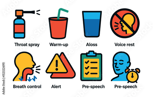 Flat vector icons of vocal health and care: throat spray bottle, warm-up vocal straw, hydration glass icon, voice rest sign, breath control diaphragm, vocal strain alert, healthy voice checklist, pre
