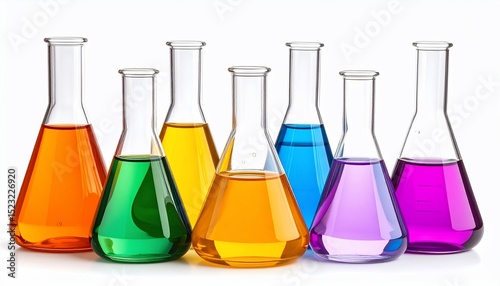 Colorful Chemical Solutions in Erlenmeyer Flasks