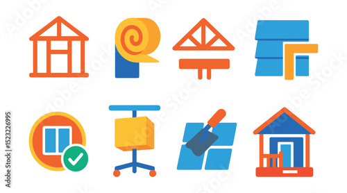 Flat vector icons of residential construction: house frame icon, wall insulation roll, roof truss symbol, siding installation board, window fitting badge, drywall sheet lift, floor tile setting,