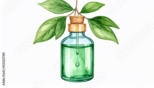 Essential Oil Bottle with Green Leaves Watercolor Illustration
