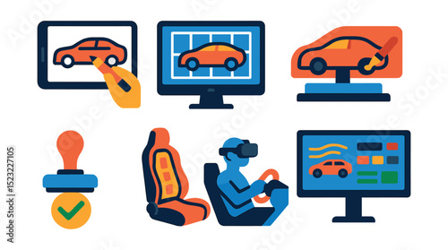 Flat vector icons of automotive design and prototyping: car sketch tablet, 3D CAD model screen, clay model sculpture, wind tunnel test car, design approval stamp, ergonomic seat frame, VR test