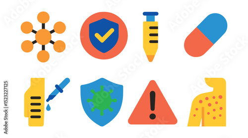 Flat vector icons of allergy and immunology: pollen icon, allergy test badge, EpiPen syringe, antihistamine pill, skin prick test, immune system shield, allergy alert, rash reaction.