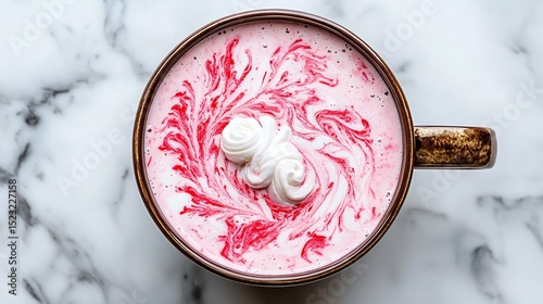 Overhead View Of Pink Swirled Hot Drink With Whipped Cream In Brown Mug On Marble Surface