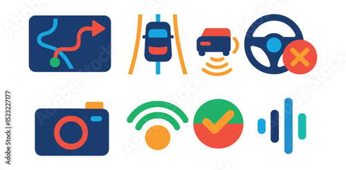 Flat vector icons of autonomous vehicle user interface: navigation route screen, lane detection overlay, adaptive speed icon, steering wheel with disengage alert, camera view toggle, proximity radar
