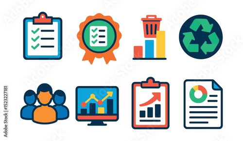 Flat vector icons of waste audit and reporting: clipboard icon, checklist badge, waste volume chart, recycling rate, audit team, data analysis, improvement plan, report document.