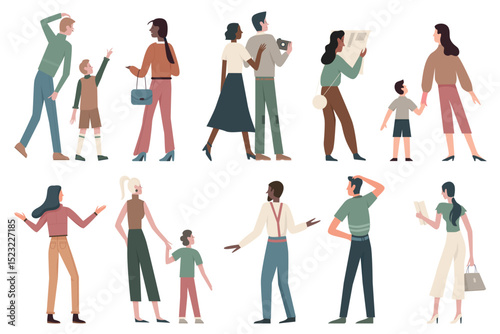 Tourist people on sightseeing tour vector illustration set. Cartoon happy couple and family traveling characters watching map, group of traveler visitors with camera photographing and looking sights