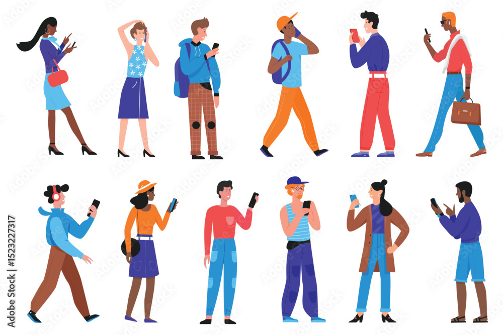 Obraz premium People with phone vector illustration set. Cartoon young man woman characters in casual clothes using smartphone for communication in network, social networks, cellphone calls isolated on white