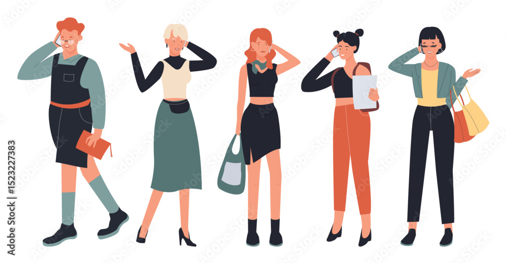 Obraz premium People talk on phone vector illustration set. Cartoon young stylish man and woman characters in trendy casual clothes standing and talking, telephone call dialogue conversation isolated on white