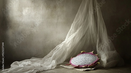 Pink Fruit Still Life with White Cloth and Textured Background