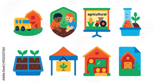 Flat vector icons of farming education and outreach: school farm visit icon, children planting badge, agricultural workshop board, farm science experiment kit, garden club seed tray, field day tent