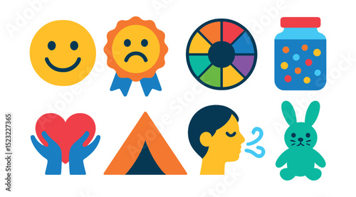 Flat vector icons of preschool emotional development: happy face icon, sad face badge, emotion wheel, calming jar, empathy heart, safe space tent, mindfulness breathing, comfort object.