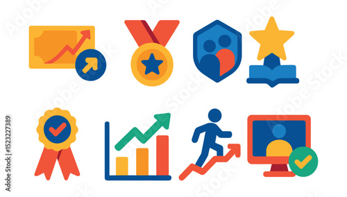 Flat vector icons of employee development rewards: upskilling grant icon, leadership training medal, mentorship program badge, learning achievement star, certification bonus ribbon, skill improvement