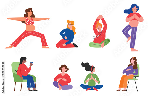 Pregnant woman poses vector illustration set. Cartoon daily home activities, young happy female character practicing yoga, using phone to communicate in different pregnancy postures isolated on white