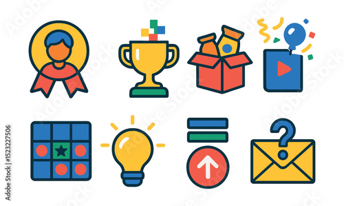 Flat vector icons of creative and fun reward ideas: custom avatar badge, digital collectibles trophy, surprise snack box, virtual party invite, recognition bingo card, creativity reward icon,