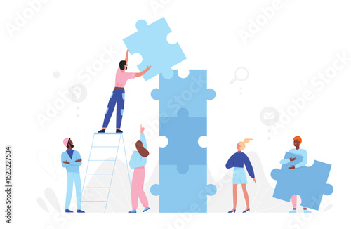 People team build puzzle, partnership concept vector illustration. Cartoon man woman partner group of characters building, connecting puzzle jigsaw pieces while standing on stairs isolated on white