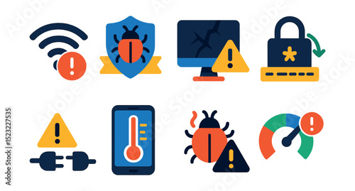 Flat vector icons of common tech support issues: network error icon, software bug badge, hardware failure, password reset, connectivity problem, device overheating, virus alert, slow performance
