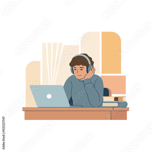 Focused young person studying online with laptop headphones books desk work male female remote school