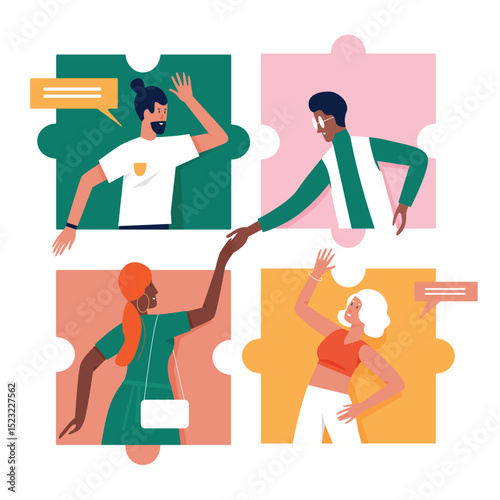People in friendly online chat communication vector illustration. Cartoon man woman friend characters chatting in messenger, standing inside puzzle pieces, social media concept isolated on white