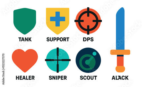 Flat vector icons of team roles and positions in games: tank role icon, support badge, DPS crosshair symbol, healer heart icon, sniper scope, scout radar blip, midlane sword, jungler path icon.
