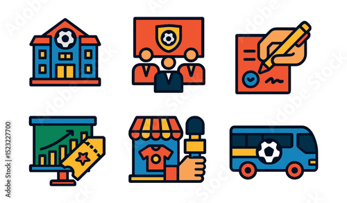 Flat vector icons of football club management: club building icon, board meeting badge, contract signing, sponsorship deal, ticket sales chart, merchandise store, media relations, team bus.