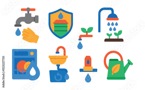 Flat vector icons of water conservation habits: turning off tap icon, rainwater harvesting badge, water-efficient showerhead, drip irrigation system, water-saving dishwasher, greywater recycling,