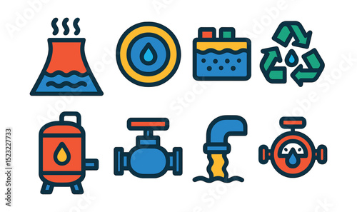 Flat vector icons of industrial water use: cooling tower icon, boiler feedwater badge, wastewater treatment, water recycling, process water tank, industrial valve, effluent discharge, water usage