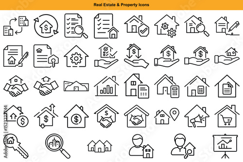 Line Art Icons Depicting Real Estate, Property Management, Sales and Development Concepts