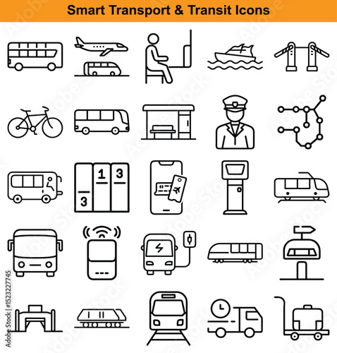 Line Art Icons of Smart Transportation and Public Transit, Illustration of Mobility Elements