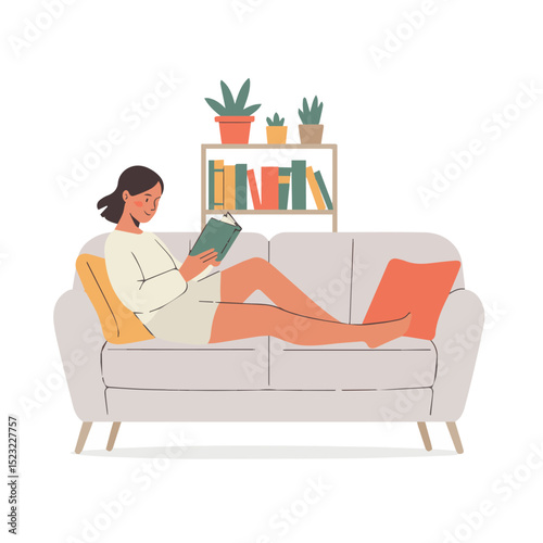 Woman relaxing on comfy sofa reading book at home enjoying leisure time peacefully cozy calm room