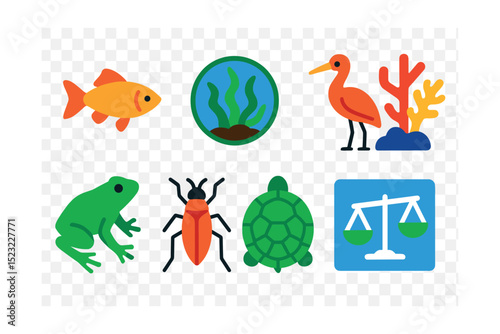 Flat vector icons of aquatic ecosystems and biodiversity: freshwater fish icon, aquatic plants badge, wetland bird, coral reef, amphibian silhouette, water insect, turtle shell, ecosystem balance