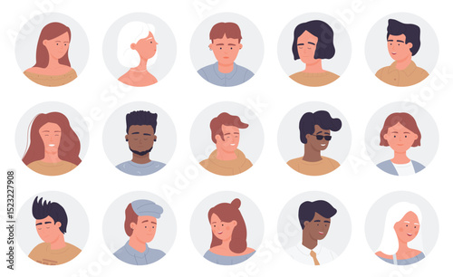 People portrait round avatars vector illustration set. Cartoon young and old man woman face userpics, multinational community, user customer characters smiling and laughing, winking isolated on white