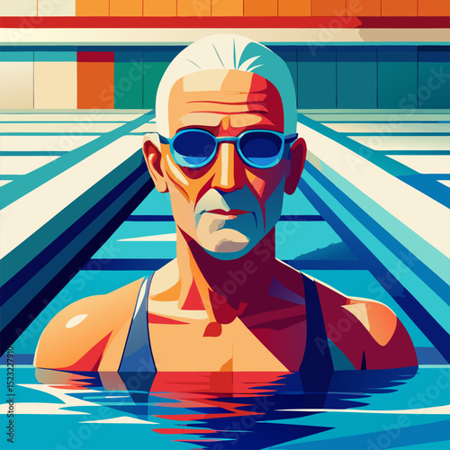 Elderly swimmer in pool: graceful movements through turquoise water under sunlight, radiating health and joyful energy.