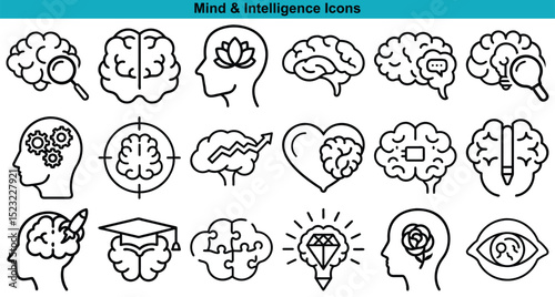 Mind and Intelligence Icon Set Brain, Head, Thinking Process Illustrations
