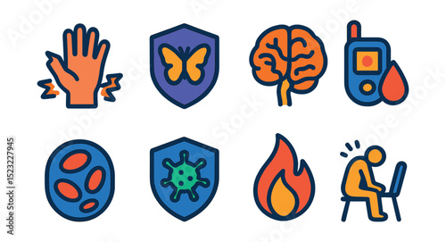 Flat vector icons of autoimmune diseases: rheumatoid arthritis icon, lupus badge, multiple sclerosis symbol, type 1 diabetes, psoriasis patch, immune cell shield, inflammation flare, chronic fatigue.