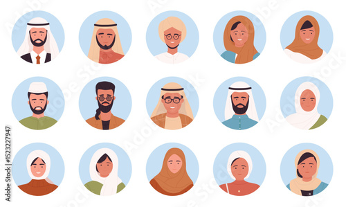 Muslim arabian people portrait round avatars vector illustration set. Cartoon man woman face userpics, multinational community, user customer characters smiling and laughing isolated on white