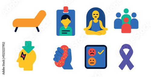 Flat vector icons of mental health support: therapy couch icon, counselor badge, mindfulness meditation, support group, anxiety relief, stress ball, mood tracker, mental health ribbon.