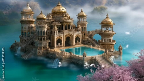 Classical palace with domes surrounded by turquoise water and flying white birds in tranquil spring scene. Heritage concept