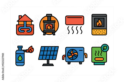 Flat vector icons of alternative heating systems: geothermal heat pump icon, wood stove badge, infrared heater panel, pellet stove flame, biofuel burner, thermal solar array, air-to-water heat pump,