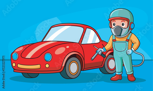 Automotive technician in protective gear painting a red vehicle in a spray booth as part of the car body repair and refinishing process in an auto body shop