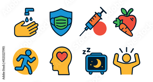 Flat vector icons of disease prevention and wellness: handwashing icon, face mask badge, vaccination, healthy diet, exercise symbol, mental health support, sleep tracker, stress relief.