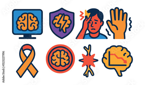 Flat vector icons of neurological disorders: brain scan icon, epilepsy badge, migraine headache, Parkinson’s tremor, multiple sclerosis ribbon, stroke alert, nerve pain, cognitive decline chart.