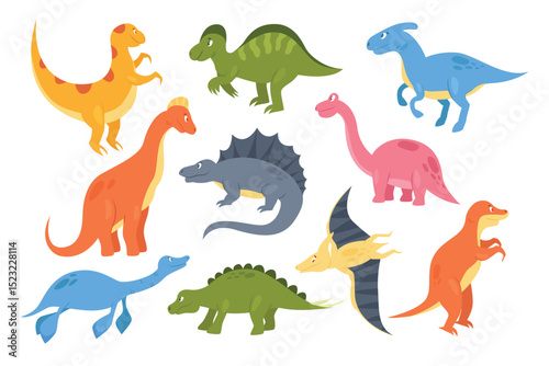 Dinosaurs vector illustration set. Cartoon cute colorful prehistoric animal monsters, baby dino paleontology collection with tyrannosaurus brontosaurus plesiosaurus pterodactylus isolated on white