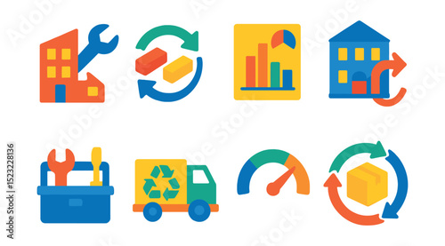Flat vector icons of building lifecycle and circular design: design-for-disassembly icon, materials reuse loop, lifecycle assessment chart, adaptive reuse building, refurbish toolkit, demolition