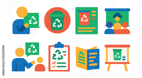 Flat vector icons of waste management education: teacher icon, recycling lesson badge, educational poster, workshop group, community outreach, eco quiz, informational brochure, school project.