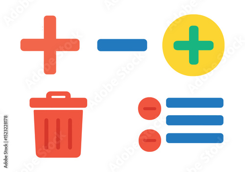 Flat vector icons of add and remove buttons: plus sign, minus sign, add circle, delete icon, remove list item.
