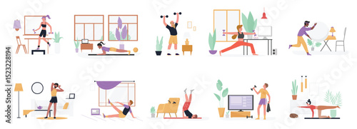 People do sport exercises at home vector illustration set. Cartoon young man woman sportive characters in sportswear training with dumbbells and ball, healthy fitness sports workout isolated on white