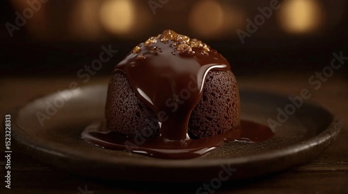 Rich Chocolate Lava Cake With Caramel Drizzle On A Dark Brown Plate