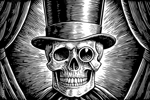 Black and white sketch vector of a human skull with a top hat and monocle in gothic Victorian style
